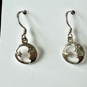 Sterling Silver (925) Moon and Star delicate drop earrings.